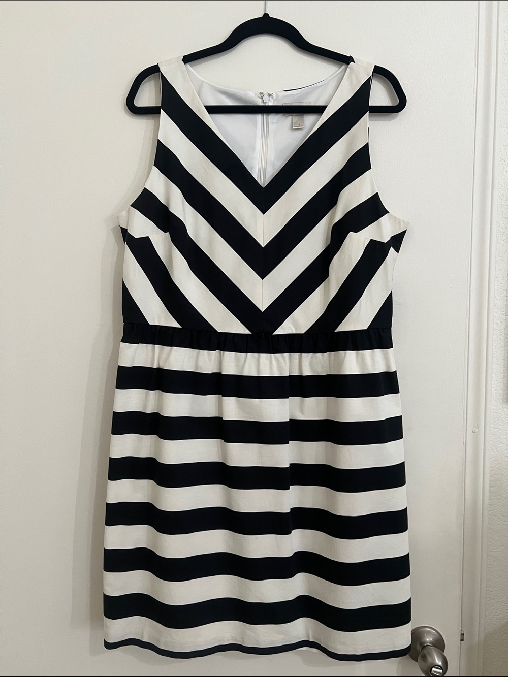 LOFT Black and White Striped V-Neck Midi Dress